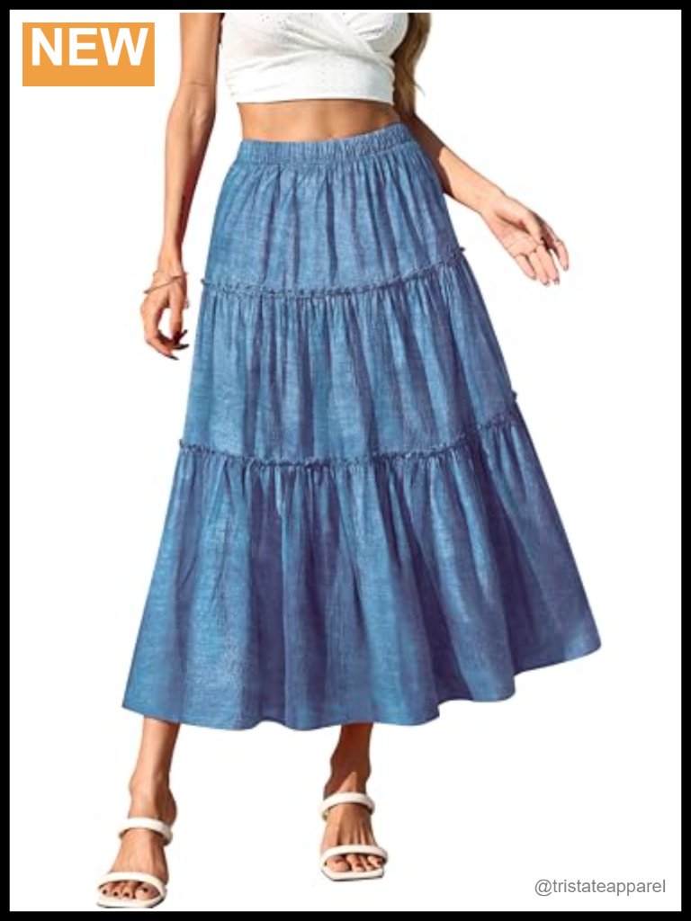 Midi Skirt Elastic High Waist A-Line Flowy Flared Ruffle Casual